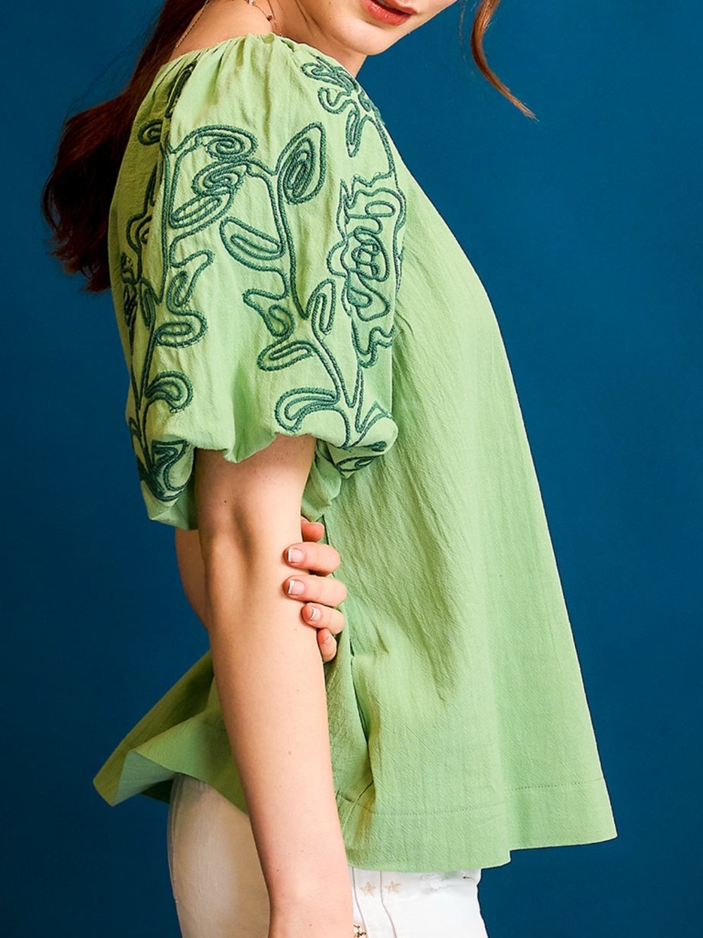 Umgee Light Green 100% Cotton Embroidered Puff Sleeve Blouse
